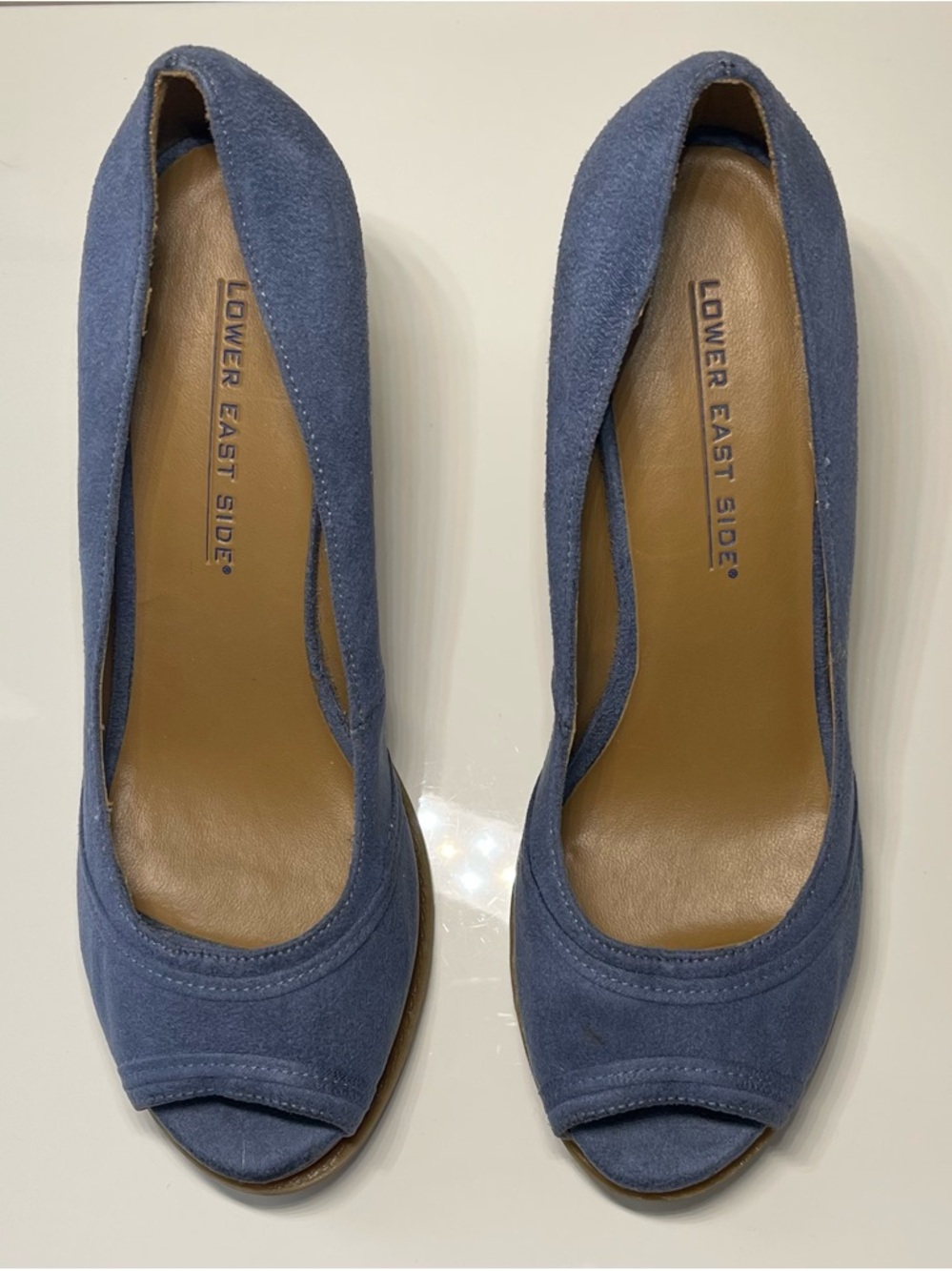 LOWER EAST SIDE Blue Suede Peep-Toe Pumps